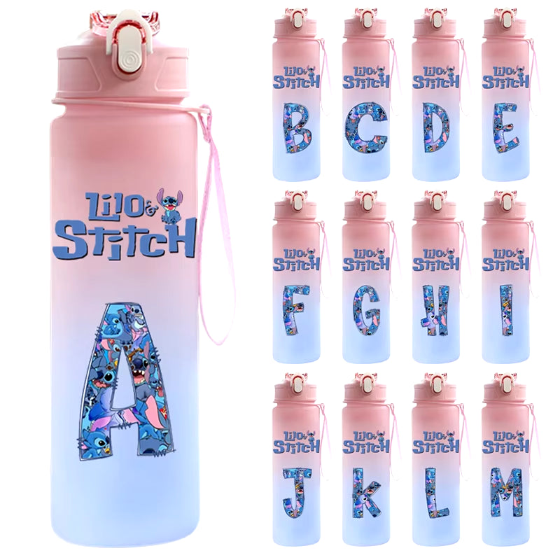 750ML Lilo Stitch Letter A-Z Printed Water Bottle Large Capacity Drinking Portable Anime Outdoor Sport Water Cup Children Gift